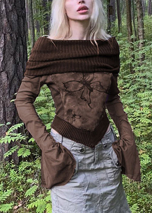 Shirts Patchwork T Sleeve Print Boho Knit Brown Flare FashionChic