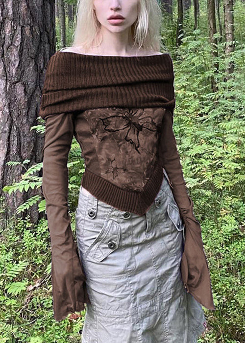 Shirts Patchwork T Sleeve Print Boho Knit Brown Flare FashionChic