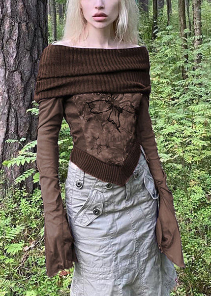 Shirts Patchwork T Sleeve Print Boho Knit Brown Flare FashionChic