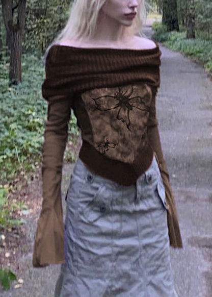 Shirts Patchwork T Sleeve Print Boho Knit Brown Flare FashionChic