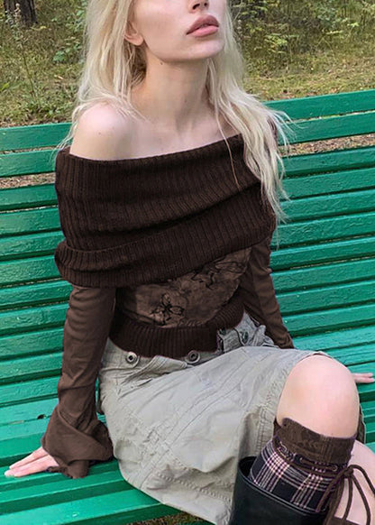 Shirts Patchwork T Sleeve Print Boho Knit Brown Flare FashionChic