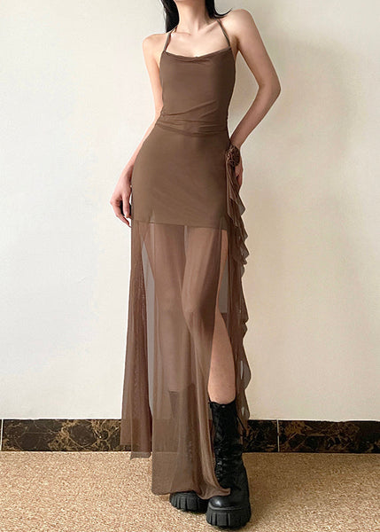 Boho Brown Side Open Silm Fit Tulle Halter Dress Summer YP036 ABC