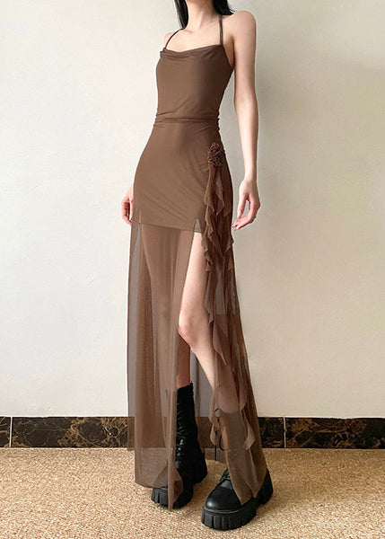 Boho Brown Side Open Silm Fit Tulle Halter Dress Summer YP036 ABC