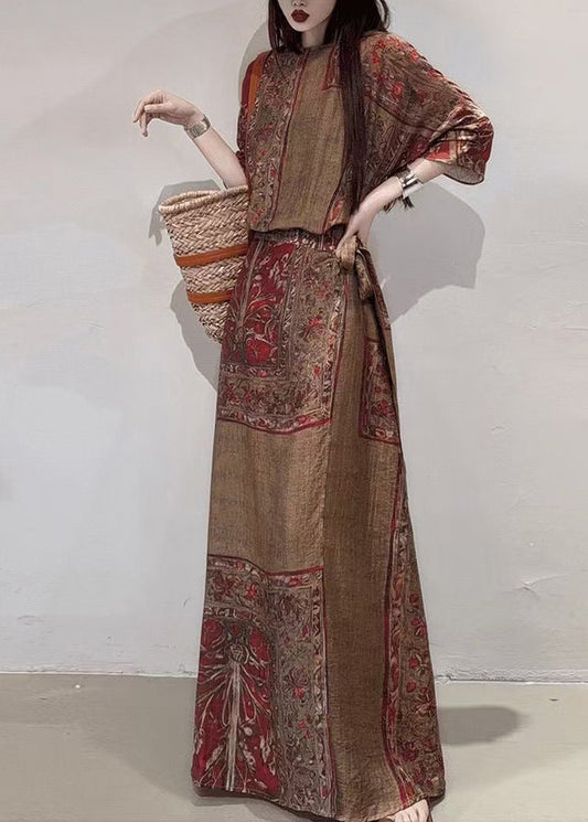 Boho Coffee Holiday Dress Cinched Print Linen Summer FashionChic