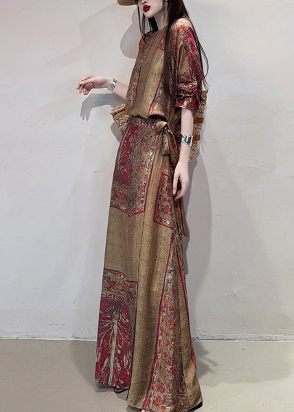 Boho Coffee Holiday Dress Cinched Print Linen Summer FashionChic