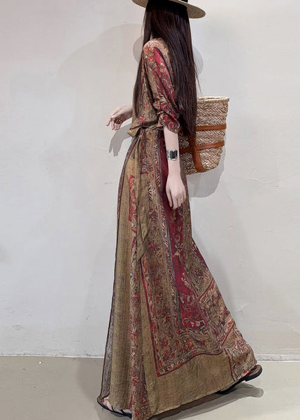 Boho Coffee Holiday Dress Cinched Print Linen Summer FashionChic