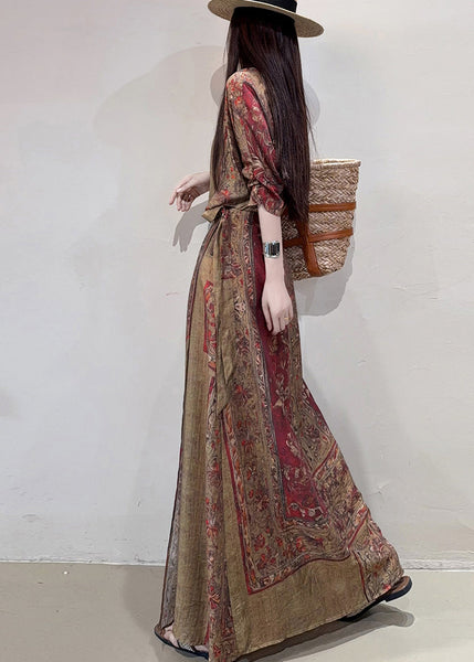 Boho Coffee Holiday Dress Cinched Print Linen Summer FashionChic