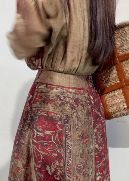 Boho Coffee Holiday Dress Cinched Print Linen Summer FashionChic