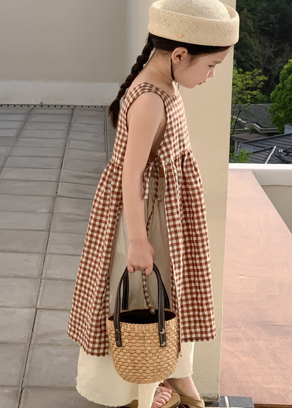Boho Coffee Plaid Square Collar Side Open Tie Waist Cotton Kids Girls Long Dress Summer GF002 MM-RCTZ-SDL230724