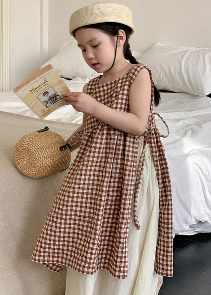 Boho Coffee Plaid Square Collar Side Open Tie Waist Cotton Kids Girls Long Dress Summer GF002 MM-RCTZ-SDL230724
