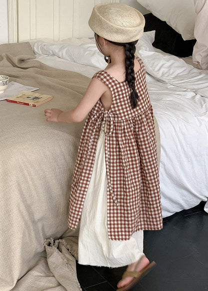 Boho Coffee Plaid Square Collar Side Open Tie Waist Cotton Kids Girls Long Dress Summer GF002 MM-RCTZ-SDL230724