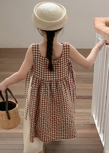 Boho Coffee Plaid Square Collar Side Open Tie Waist Cotton Kids Girls Long Dress Summer GF002 MM-RCTZ-SDL230724
