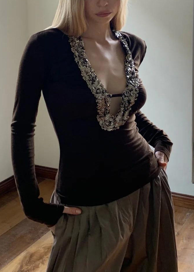Boho Coffee U Neck Sequins Silk Top Spring YJ001 ABC