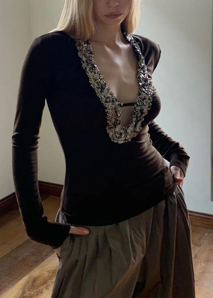 Boho Coffee U Neck Sequins Silk Top Spring YJ001 ABC