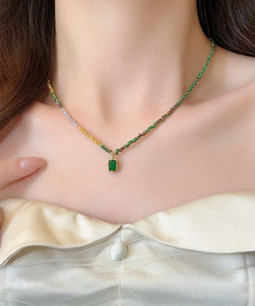 Boho Colorblock Sterling Silver Overgild Beading Gem Stone Pendant Necklace AB1075 Genistyle Shop