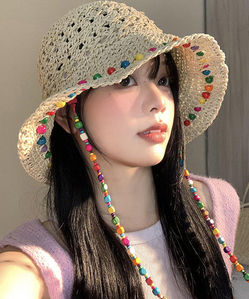 Boho Colorful Wooden Bead Hollowed Out Large Brim Sun Hat WB032 ABC