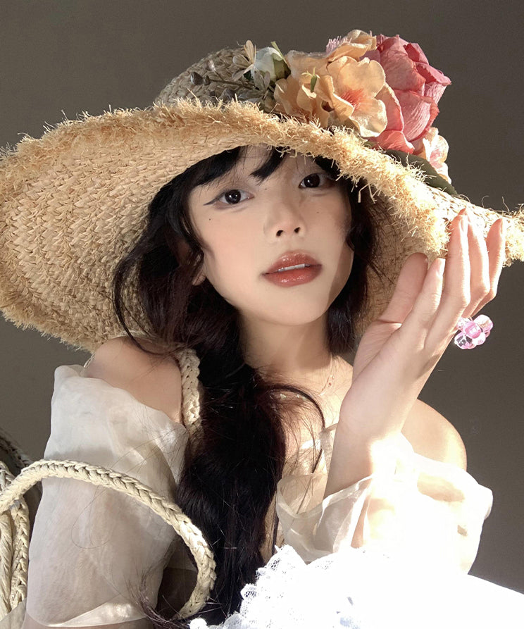 Boho Flower Brim Seaside Vacation Straw Woven Floppy Sun Hat WI014 hat-HAT241105