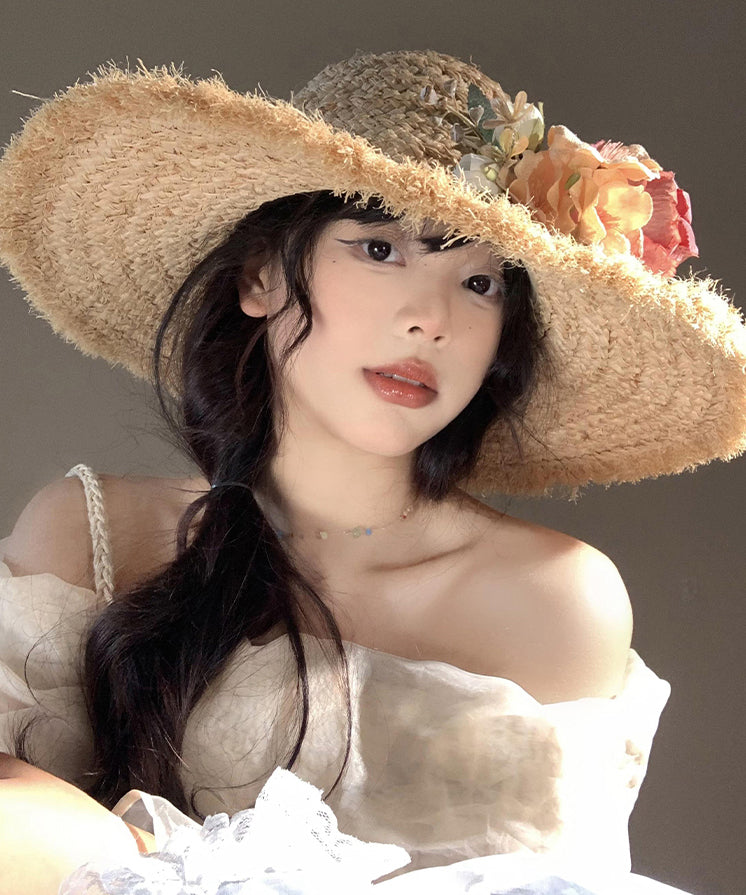 Boho Flower Brim Seaside Vacation Straw Woven Floppy Sun Hat WI014 hat-HAT241105