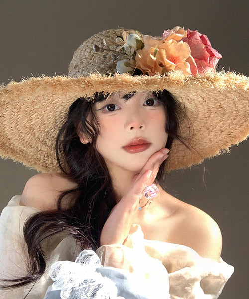 Boho Flower Brim Seaside Vacation Straw Woven Floppy Sun Hat WI014 hat-HAT241105