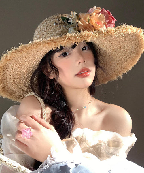 Boho Flower Brim Seaside Vacation Straw Woven Floppy Sun Hat WI014 hat-HAT241105