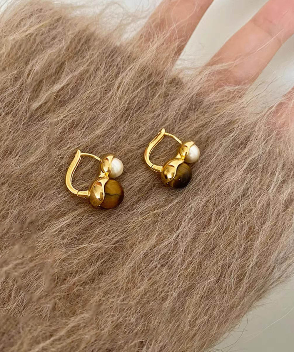 Boho Gold Copper Alloy Cat Eye Stone Pearl Hoop Earrings TX027