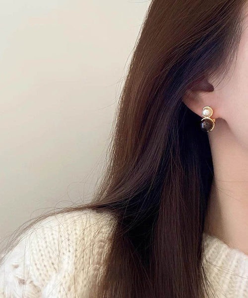 Boho Gold Copper Alloy Cat Eye Stone Pearl Hoop Earrings TX027