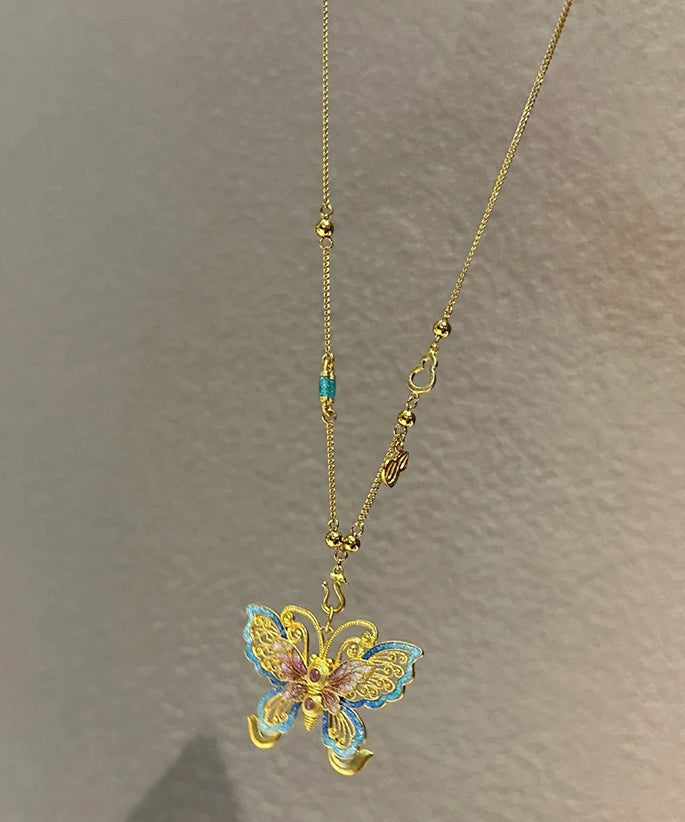 Boho Gold Sterling Silver Overgild Butterfly Hollow Out Pendant Necklace PO056 JEW-NLC240729