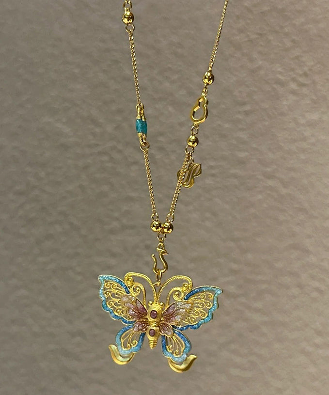 Boho Gold Sterling Silver Overgild Butterfly Hollow Out Pendant Necklace PO056 JEW-NLC240729