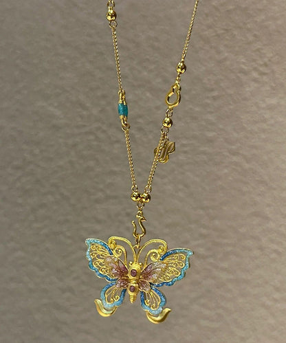 Boho Gold Sterling Silver Overgild Butterfly Hollow Out Pendant Necklace PO056 JEW-NLC240729