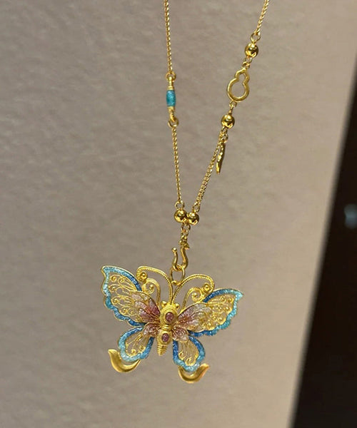 Boho Gold Sterling Silver Overgild Butterfly Hollow Out Pendant Necklace PO056 JEW-NLC240729