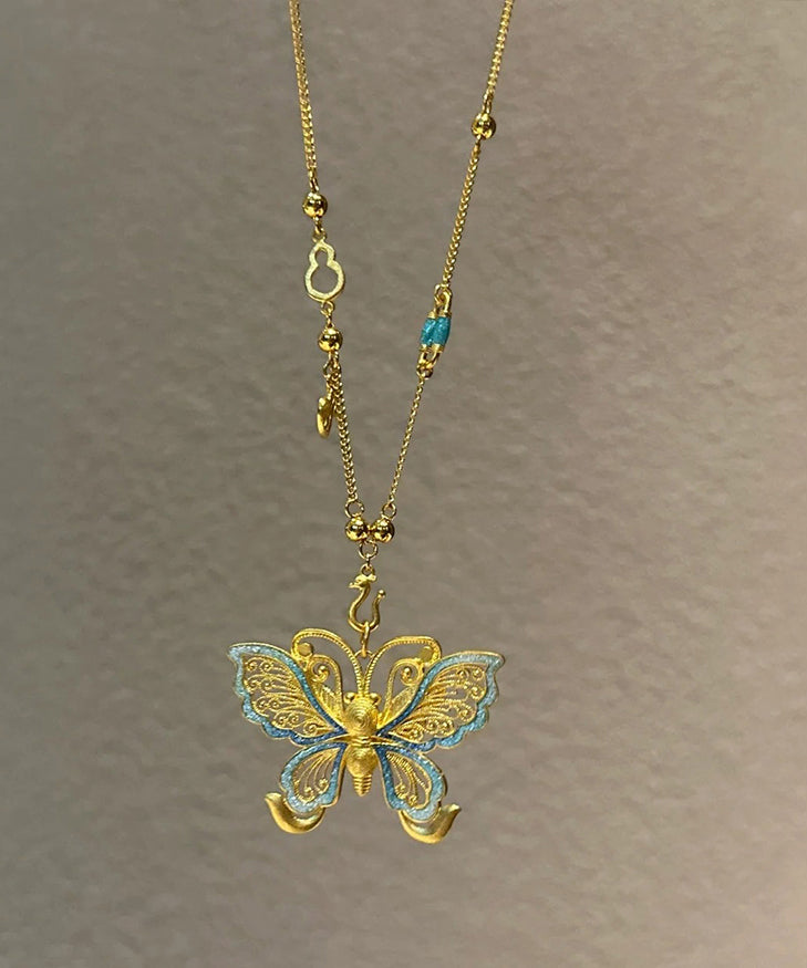 Boho Gold Sterling Silver Overgild Butterfly Hollow Out Pendant Necklace PO056 JEW-NLC240729