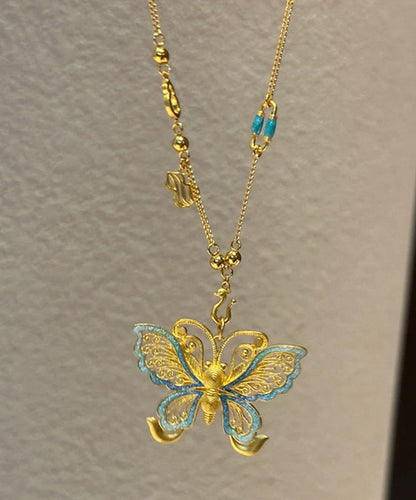 Boho Gold Sterling Silver Overgild Butterfly Hollow Out Pendant Necklace PO056 JEW-NLC240729