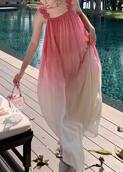 Gradient Wrinkled Boho Strap Dress Spaghetti Color Backless FashionChic