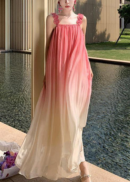 Gradient Wrinkled Boho Strap Dress Spaghetti Color Backless FashionChic