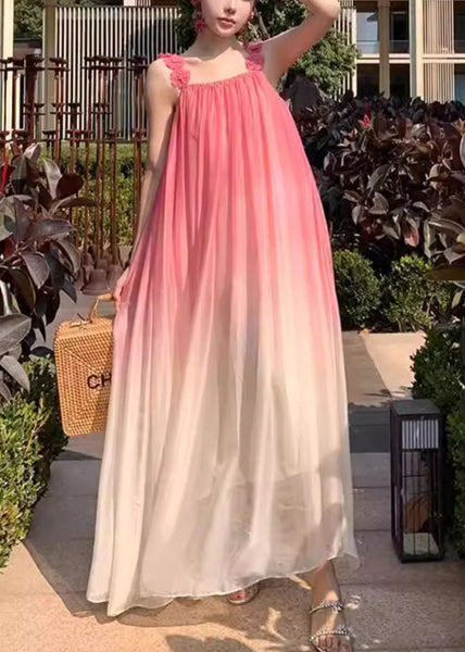 Gradient Wrinkled Boho Strap Dress Spaghetti Color Backless FashionChic