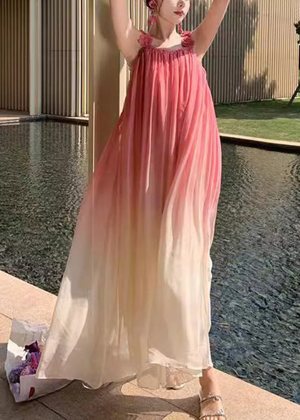 Gradient Wrinkled Boho Strap Dress Spaghetti Color Backless FashionChic