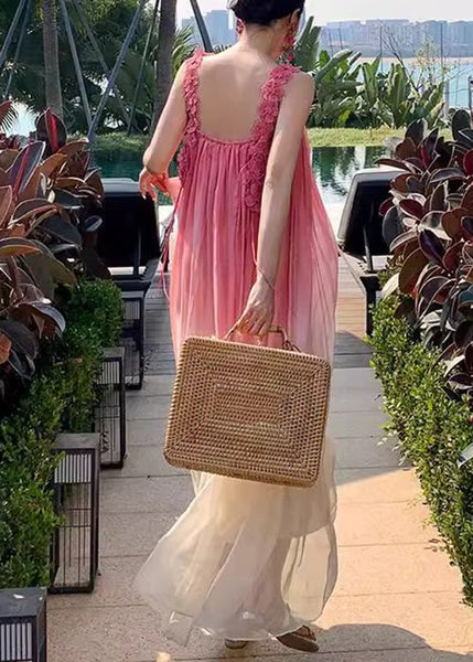 Gradient Wrinkled Boho Strap Dress Spaghetti Color Backless FashionChic