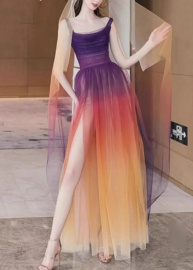 Boho Gradient Color Side Open Tulle Spaghetti Strap Dress Sleeveless OP1026 Ada Fashion