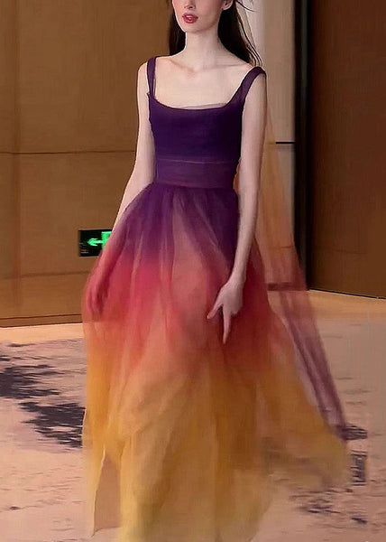 Boho Gradient Color Side Open Tulle Spaghetti Strap Dress Sleeveless OP1026 Ada Fashion