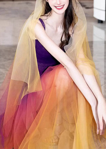 Boho Gradient Color Side Open Tulle Spaghetti Strap Dress Sleeveless OP1026 Ada Fashion
