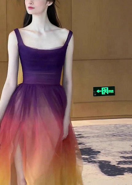 Boho Gradient Color Side Open Tulle Spaghetti Strap Dress Sleeveless OP1026 Ada Fashion