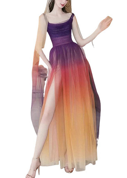 Boho Gradient Color Side Open Tulle Spaghetti Strap Dress Sleeveless OP1026 Ada Fashion