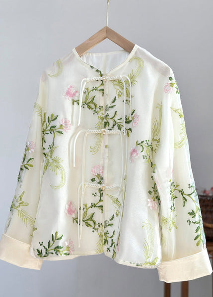 Boho Green Embroidered Button Organza Shirts Fall AG1039 OM-ZS240913