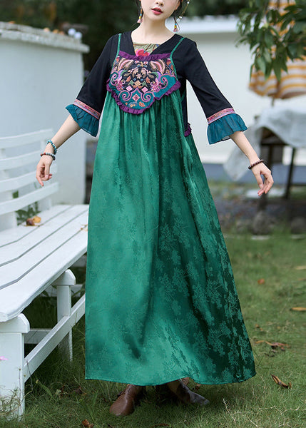 Boho Green Embroidered Jacquard Silk Spaghetti Strap Dress Sleeveless WW1015 Ada Fashion