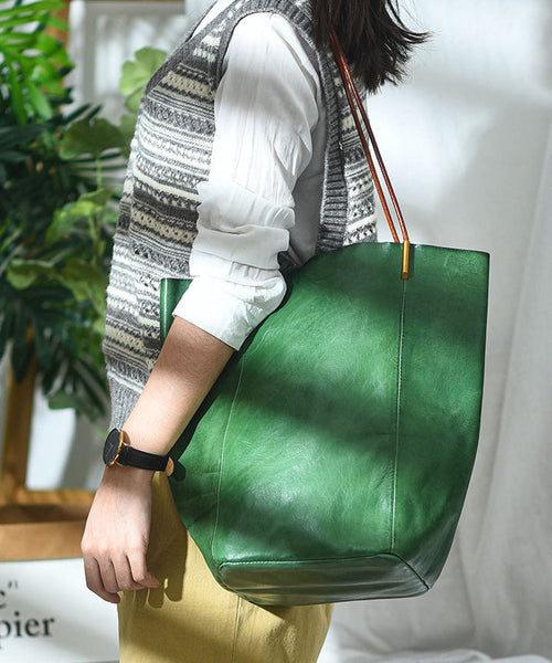 Large Green Bucket Bag Leather Capacity Boho FashionChic