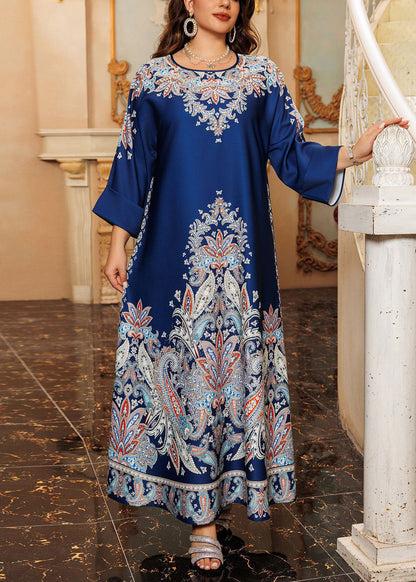 Boho Green O-Neck Print Cotton Long Dress Fall WO046 OM-ZS241108