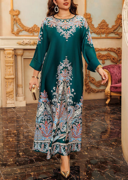 Boho Green O-Neck Print Cotton Long Dress Fall WO046 OM-ZS241108