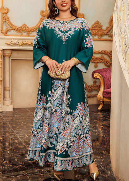 Boho Green O-Neck Print Cotton Long Dress Fall WO046 OM-ZS241108