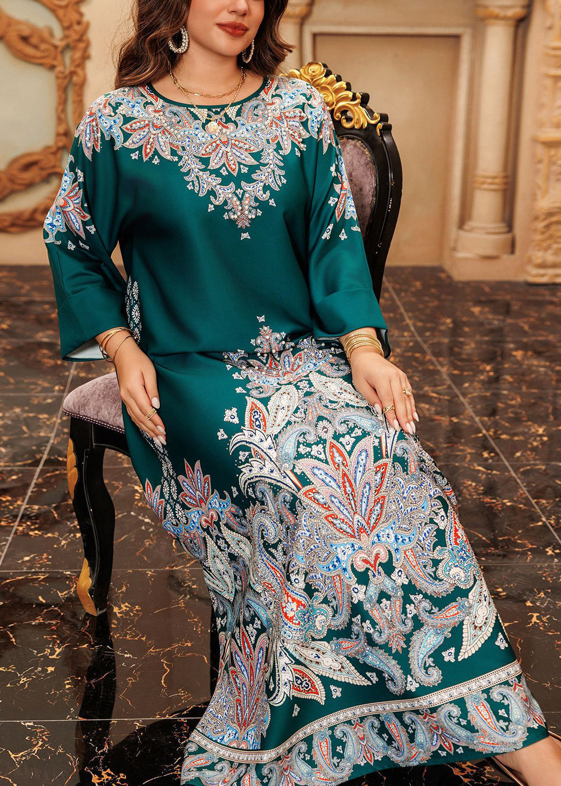 Boho Green O-Neck Print Cotton Long Dress Fall WO046 OM-ZS241108