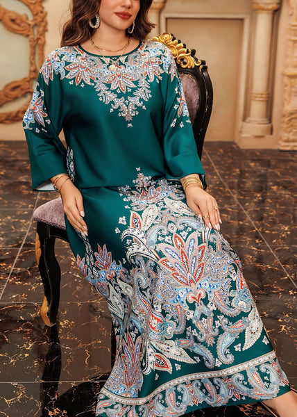 Boho Green O-Neck Print Cotton Long Dress Fall WO046 OM-ZS241108